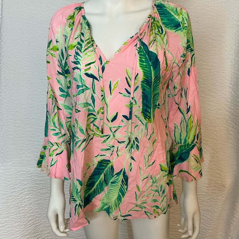 Lilly Pulitzer Blouse Size M Pink Green Tropical Leaf Print Bell Sleeve